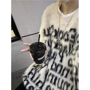 美式水貂绒毛衣男款秋冬季街头宽松慵懒风针织衫毛绒绒上衣图片