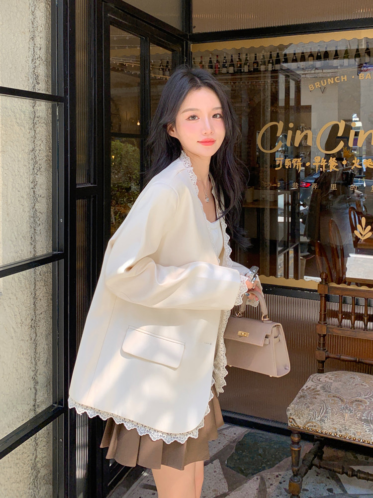 蕾丝拼接小香风西装外套女2026春新款气质独特超好看休闲西服,女装西装,浙宝128A