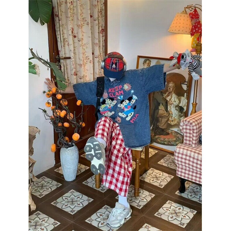 美式复古卡通刺绣牛仔短袖衬衫男女夏季设计感宽松衬衣CT08,男装衬衫,星座1116A（原606A-3）