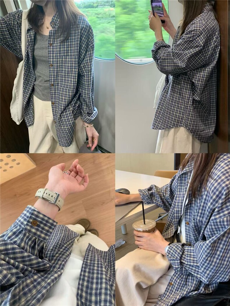 蓝色格子休闲百搭慵懒风宽松显瘦防晒上衣衬衣,女装衬衫,湘姗