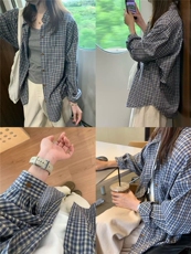 蓝色格子休闲百搭慵懒风宽松显瘦防晒上衣衬衣，女装衬衫，湘姗