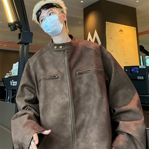 秋款复古做旧机车皮衣外套男士高街潮流立领情侣pu皮夹克图片