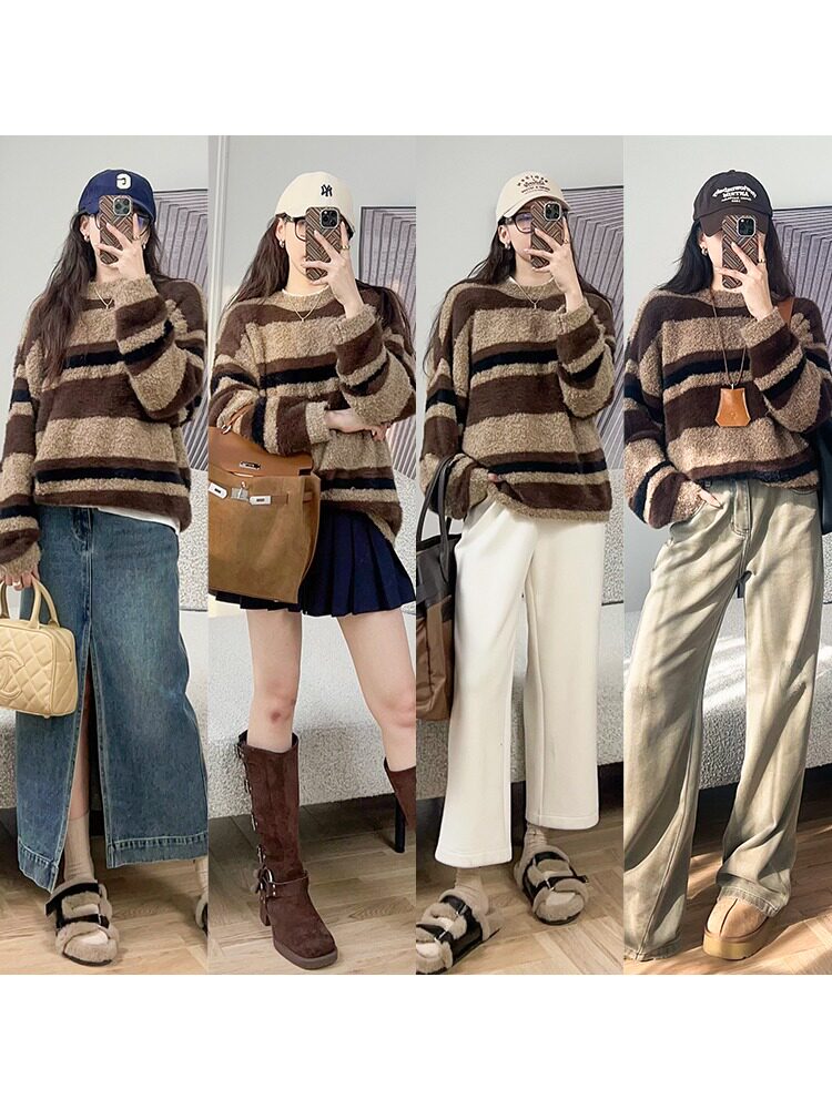 秋冬新款时髦复古上身U雅大气条纹套头衫女士,针织衫/毛衣,特麦惠羊绒
