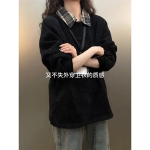 黑色满天星格子翻领polo衫男针织卫衣痞帅情侣外套513WY3524P30图片