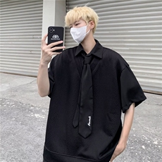 2025夏文艺ins简约新款潮款假两件短袖衬衫配领带CC1271P40，男装衬衫，星座1108