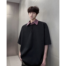 8XL-M格纹拼接假两件短袖t恤大码美式重磅polo翻领半袖DX1218/P48，男装T恤，电商B238