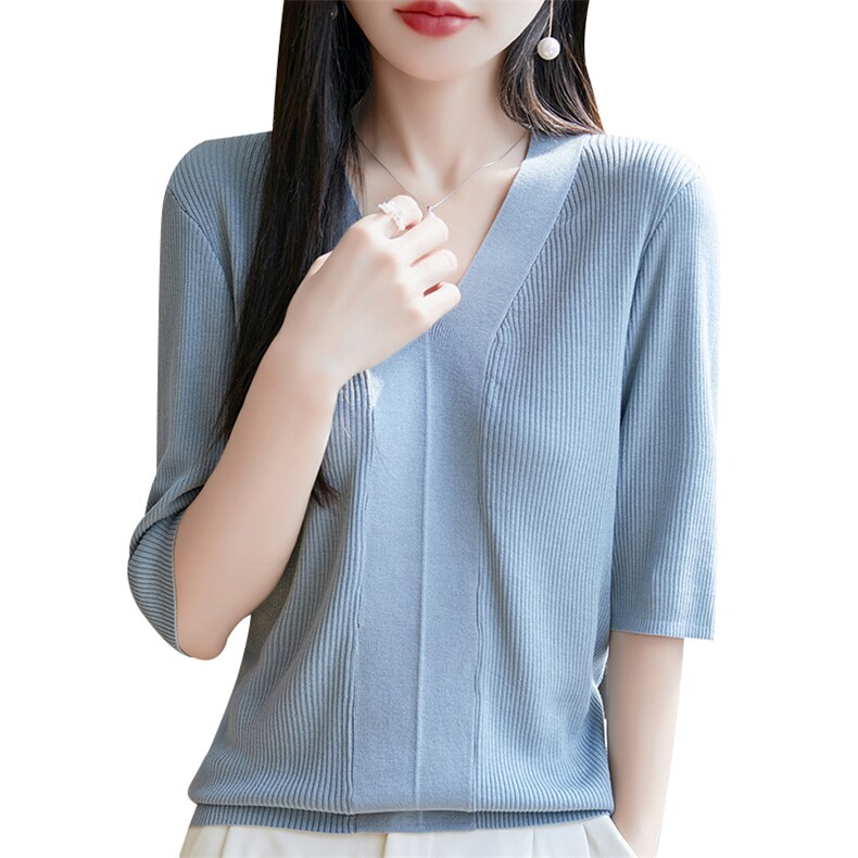 夏季时尚显瘦百搭女士抽条V领短袖,女装T恤,邦太羊绒