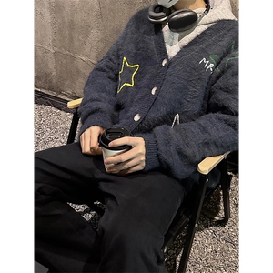 美式复古星星绣花开衫毛衣潮流百搭上衣外套MY734特P63,男士长款t恤怎么搭配图片图片