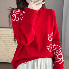 2025年秋季套头时尚百搭圆领花开富贵羊毛衫，女装羊毛衫，佰米娇羊绒