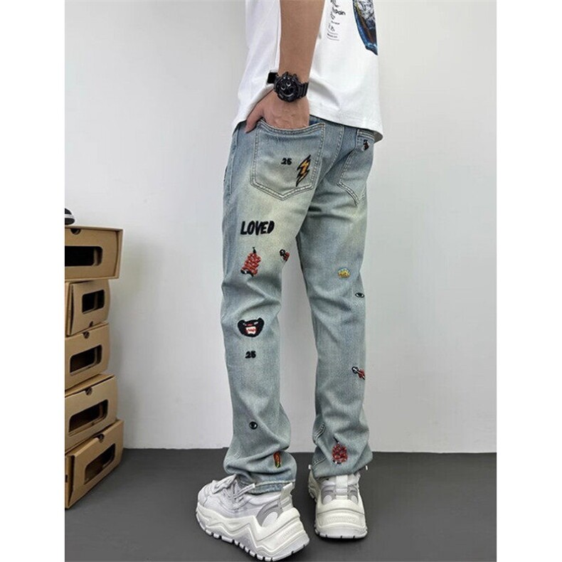 春季新款男士直筒微扩宽松刺绣水洗蓝色牛仔长裤痞帅港风N3139,男装牛仔裤,星座1116A（原606A-3）