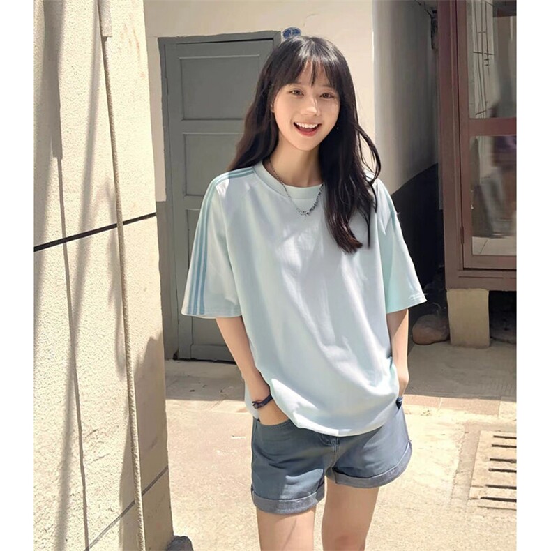 抖音得物品质二开240克宽松纯棉美式潮牌印花三条杠中性风短袖T恤,男装T恤,电商A486