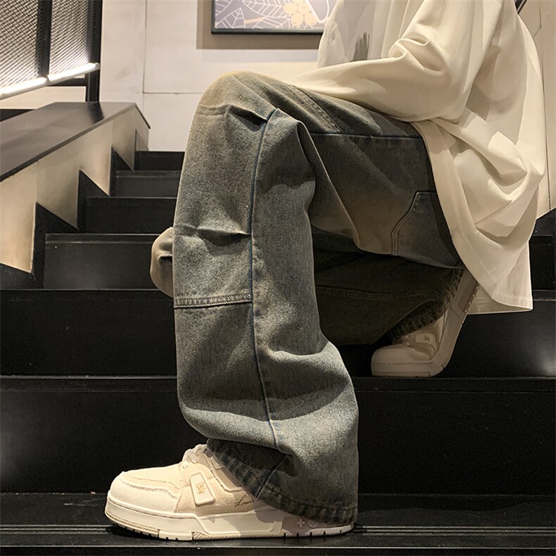 新款拼接打褶微喇高街牛仔裤XZ604-KN21-P50控78,男装牛仔裤,星座604