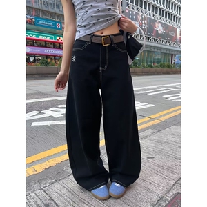 美式复古格纹口袋拼接刺绣牛仔裤女设计感bf宽松阔腿休闲裤图片