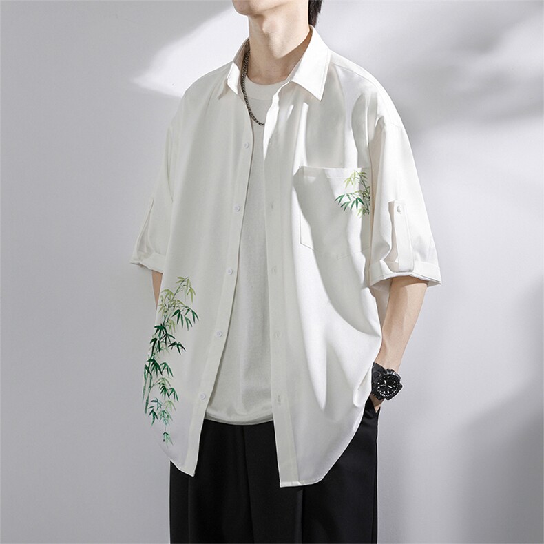 XT4168-TP4058冰丝衬衫夏季中式水墨竹印花青少年垂感衬衣,男装衬衫,电商A102