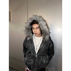 网图美式扎染潮流座山雕连帽加厚棉服外套W1863/特P98，男装棉衣，电商B350