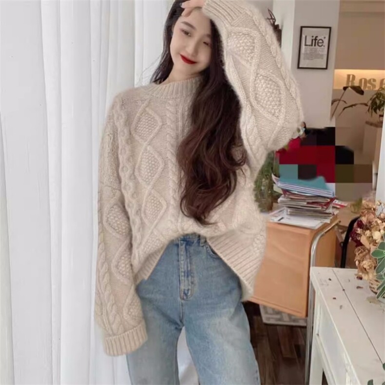 2025年秋季新款百搭大麻花提花长袖圆领套衫，女装针织衫/毛衣，胜智羊绒