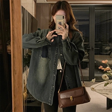 加绒加厚牛仔衬衫女复古灯芯绒拼接Polo领春秋冬潮C634-98，男装衬衫，星座911-2(原星座613-2）