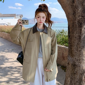 卡其色设计感宽松风衣外套2025秋季新款韩系休闲撞色拼皮翻领上衣图片