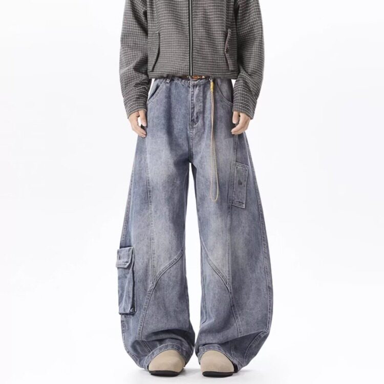 W11127-P55网图现货潮牌美式解构阔腿水洗牛仔裤复古宽松长裤，男装牛仔裤，星座1608