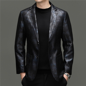 BG7103春秋款海宁真皮皮衣男头层绵羊皮外套印花商务休闲男士西服图片