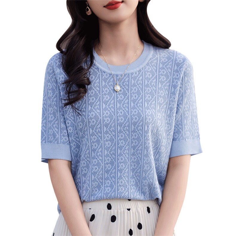 夏季新款时尚气质百搭简约女士圆领镂空提花短袖,女装T恤,秋虹羊绒