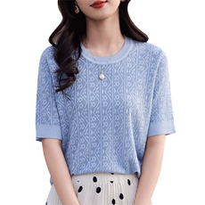 夏季新款时尚气质百搭简约女士圆领镂空提花短袖，女装T恤，秋虹羊绒