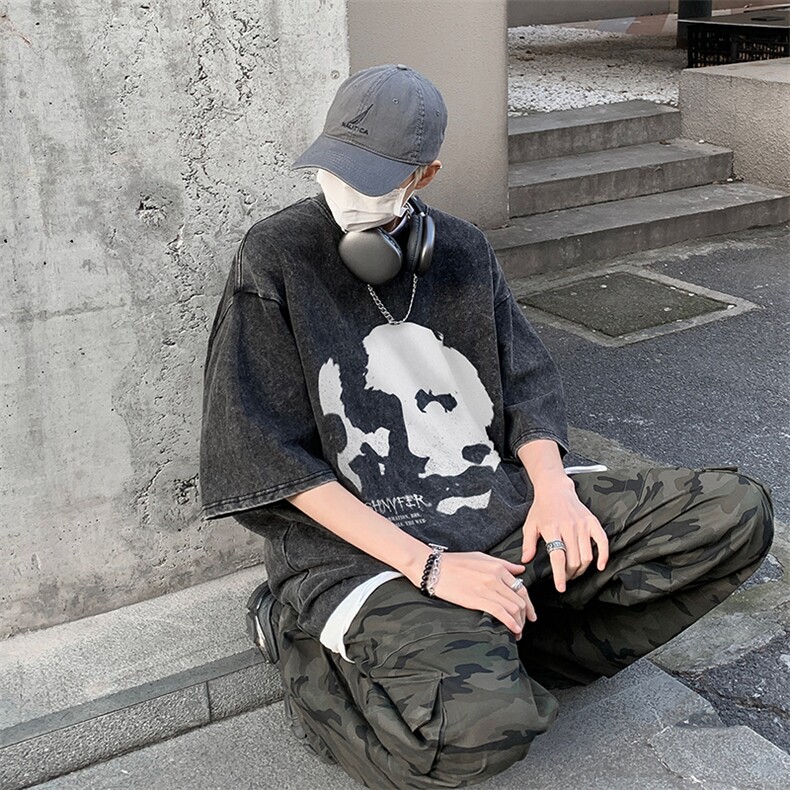 复古水洗做旧美式抽象印花落肩袖高街重磅短袖T恤B239-1070-P38,男装T恤,星座514-2(原B239)