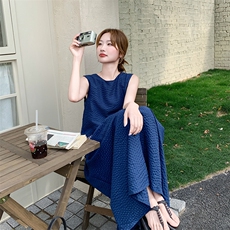 蓝色条纹拼接连衣裙女2025夏季新款复古轻熟风显瘦时尚无袖背心裙，女装连衣裙，浙宝276（原081）