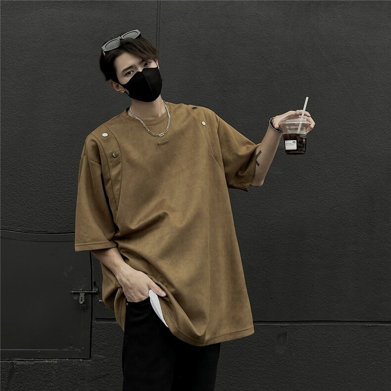 24夏季新款设计感美式高街麂皮绒情侣短袖上衣半袖男D244P38,男装T恤,电商A335-1（原A458）