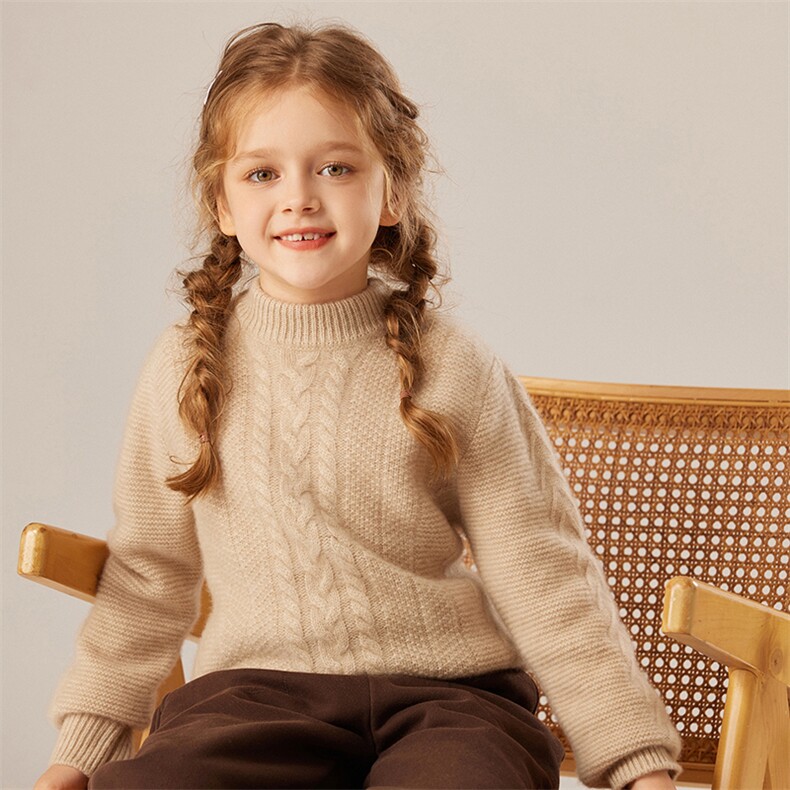 复古慵懒风麻花设计baby小山羊绒衫男女童针织宽松内搭打底衫毛衣，童装儿童羊绒衫，旭泰羊绒