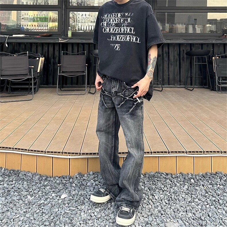 美式潮牌闪电爆裂纹猫须牛仔裤男高街休闲百搭黑色长裤XX0814,男装牛仔裤,星座208-5