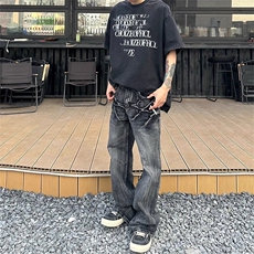 美式潮牌闪电爆裂纹猫须牛仔裤男高街休闲百搭黑色长裤XX0814，男装牛仔裤，星座208-5