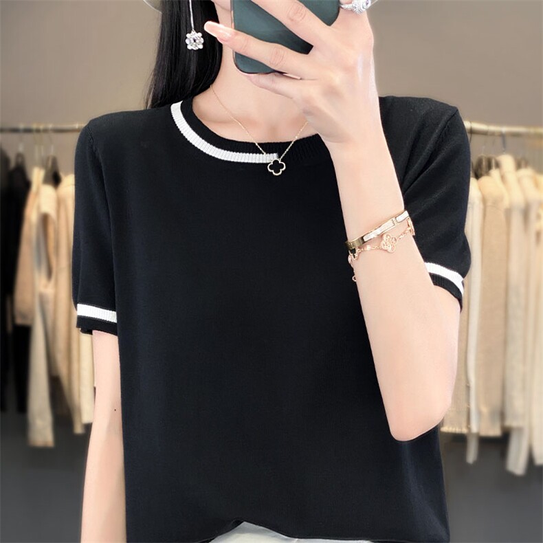 短袖t恤女2025新款大码女装夏季薄款冰丝时尚拼接减龄针织衫上衣,针织衫/毛衣,萱芳婷羊绒