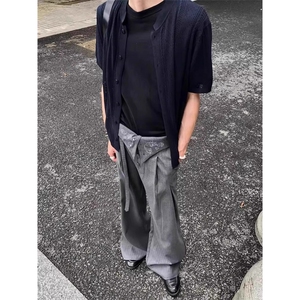 垂坠感高级感裤子美式积淀剑道飘带a字条纹西裤男夏季微喇阔腿裤图片