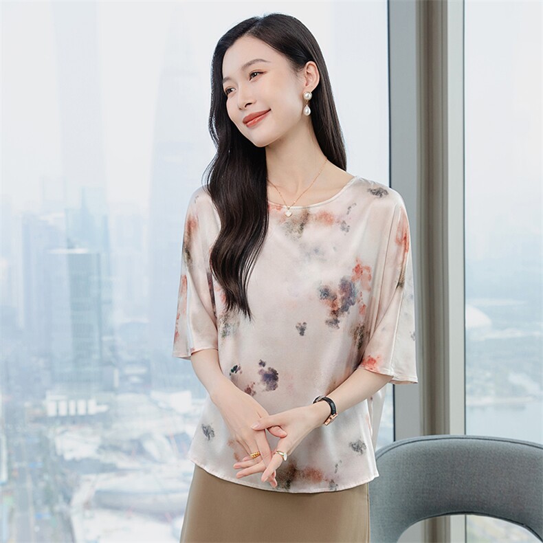 圆领印花真丝上衣女五分袖2026装短袖T恤半袖妈妈装真丝小衫,女装衬衫,阿舍尔精品