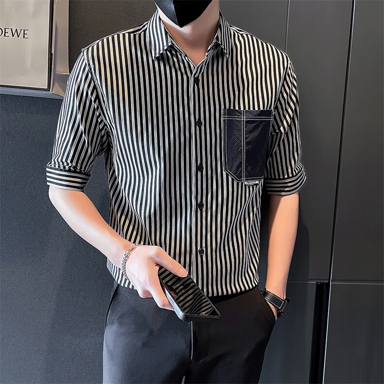2025新款夏季衬衫男短袖潮牌帅气条纹中袖衬衣 A313-1-W402-P58图片