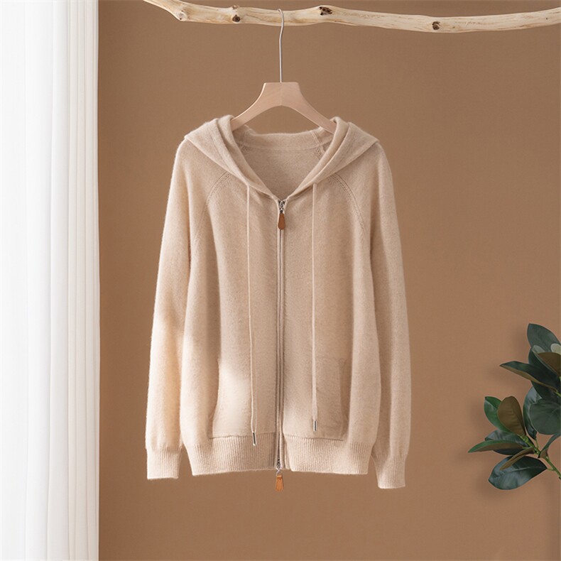 2025年秋季新款百搭女士抽绳长袖拉链开衫，女装羊绒衫，澳冬特羊绒