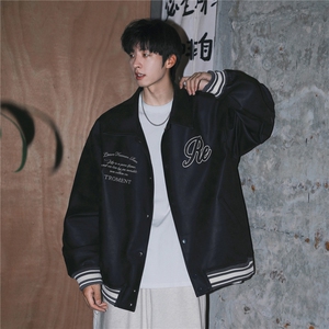 美式机车 高街翻领皮衣中性绣花PU夹克棒球服外套男 H1006 P118图片