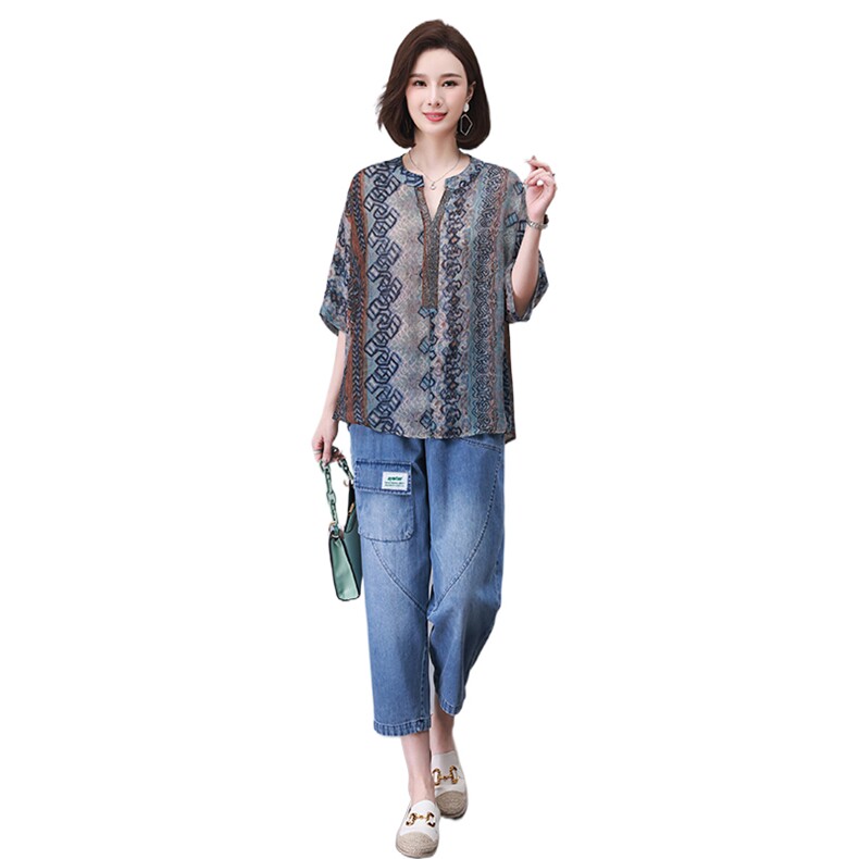 时尚休闲印花镶钻套装宽松显瘦牛仔裤两件套,女装套装/套裙,叶笙衣