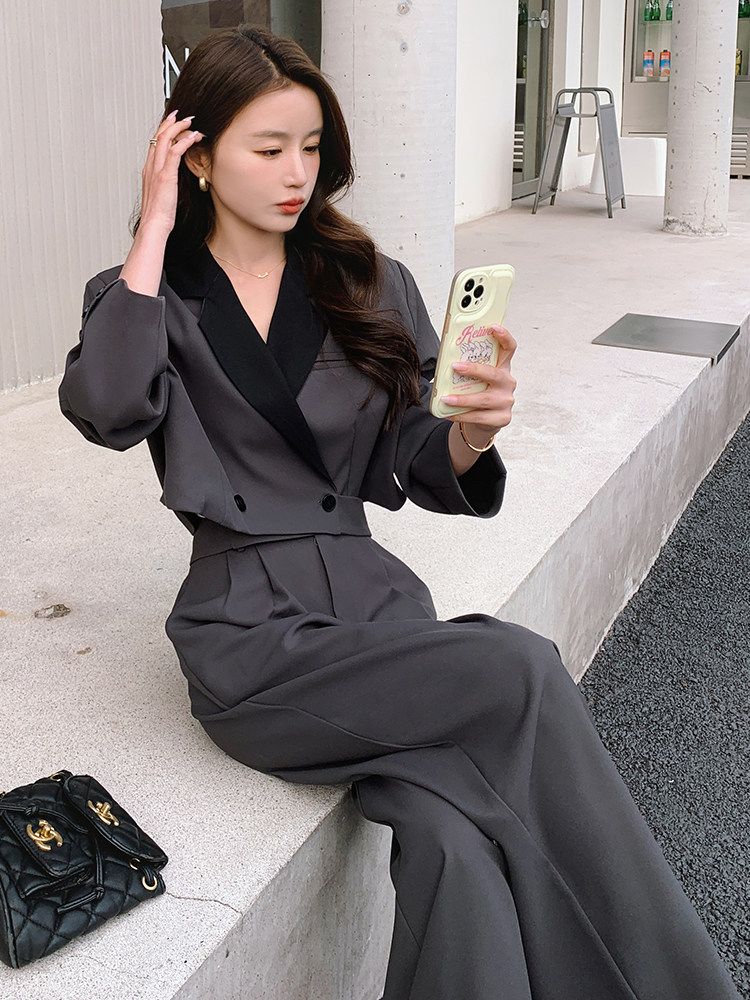西装高腰女神范长袖通勤刺绣西装领宽松型纯色女职业显瘦气质高腰,女装套装/套裙,浙宝305