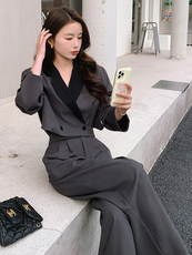 西装高腰女神范长袖通勤刺绣西装领宽松型纯色女职业显瘦气质高腰，女装套装/套裙，浙宝305