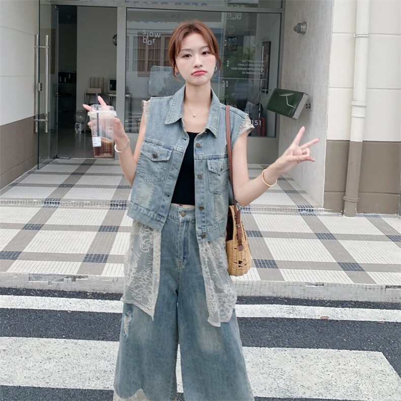 韩版蕾丝拼接牛仔马甲阔腿裤套装女2025夏季新款度假风显瘦两件套,女装套装/套裙,2C316