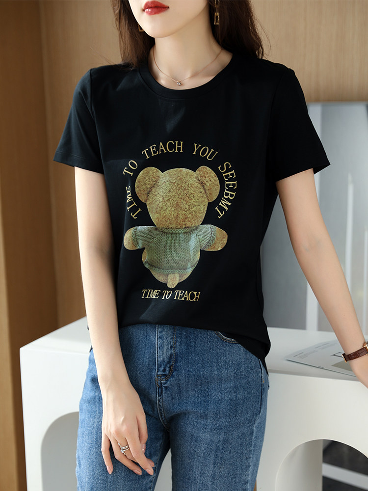 小熊背影烫画夏季时尚小众个性棉T,女装T恤,元素羊绒