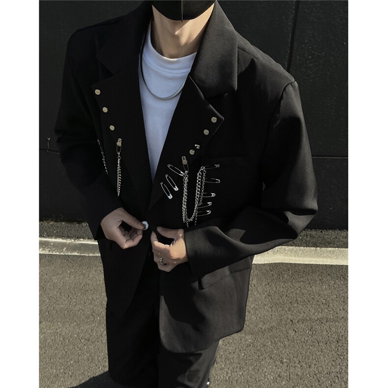 ZX029-P100小众设计感链条黑色西装外套男女宽松廓形中性垫肩西服，男装西服，电商C233