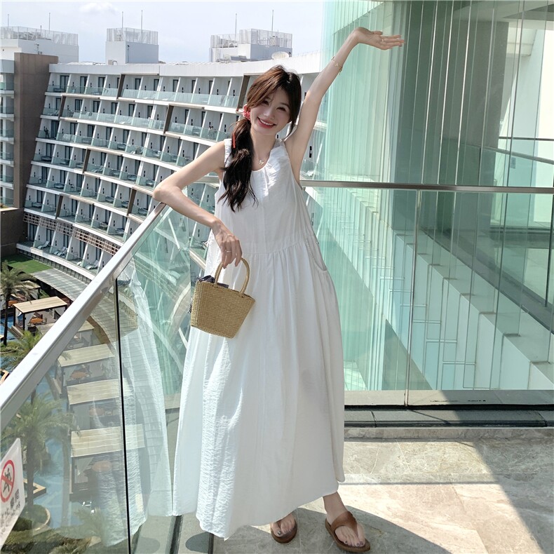 气质白色无袖背心连衣裙女夏2025新款收腰显瘦减龄超好看绝美长裙,女装连衣裙,2C129
