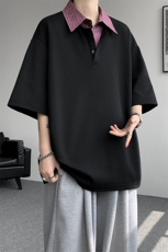 8XL-M格纹拼接假两件短袖t恤大码美式重磅polo翻领半袖DX1218/P48，男装T恤，电商B238