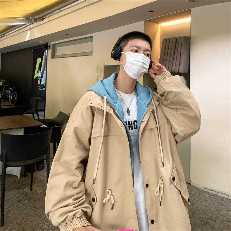 JK6002/P80秋装假两件男士抽绳夹克风衣男潮流宽松大码上衣男装,男装夹克,电商A141