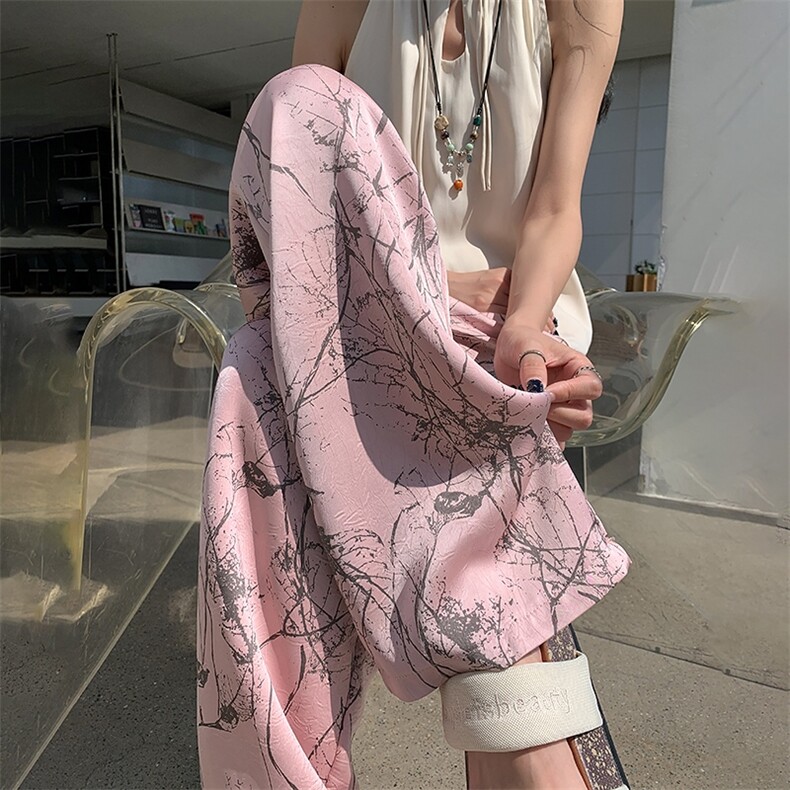 醋酸冰丝水墨阔腿裤子女2024夏季薄款高腰显瘦垂感凉凉休闲裤,女装休闲裤,梦白服饰厂