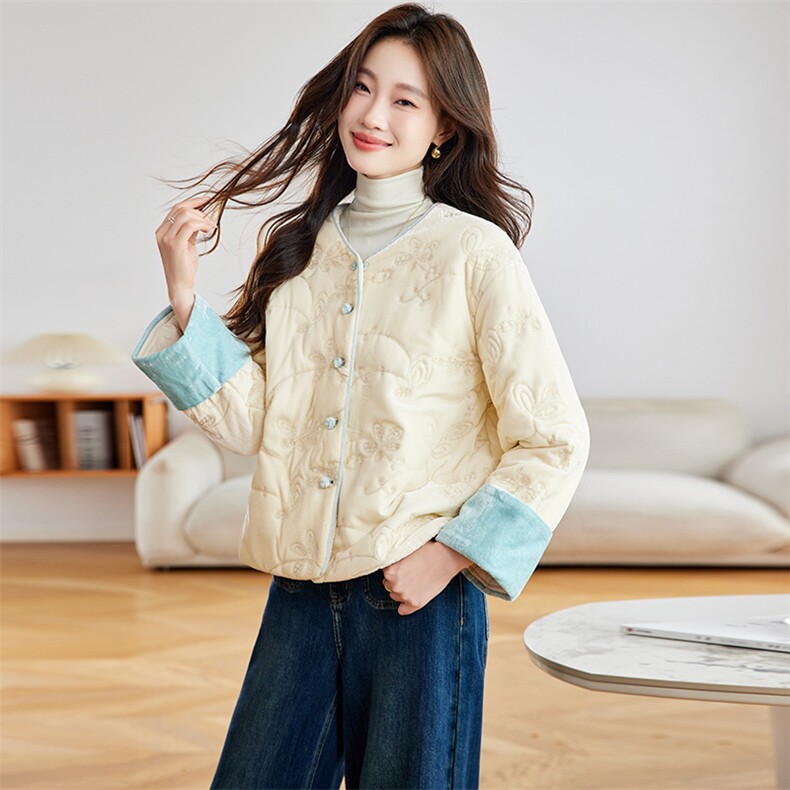 在仓~2025年冬季刺绣丝绒夹棉内里圆领加厚长袖常规棉服外套,女装棉衣/棉服,新依时派