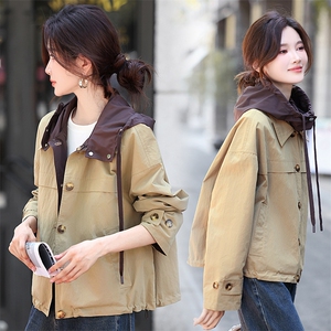 拼接撞色短款风衣女2025年秋季长袖连帽风衣女外套，女装风衣，鑫源服饰